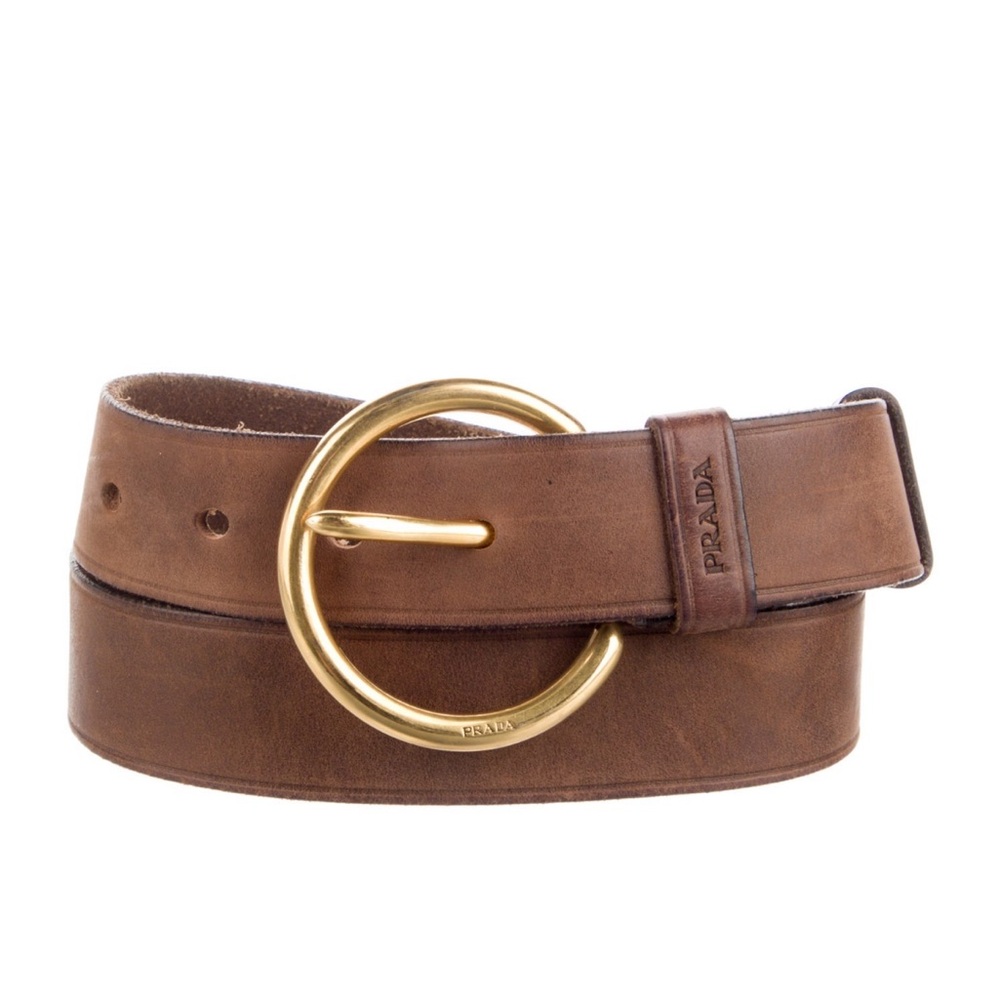 🤎 Prada Brown Leather Belt with Round Gold Buckle - Classic, Elegant Style S/M 🤎